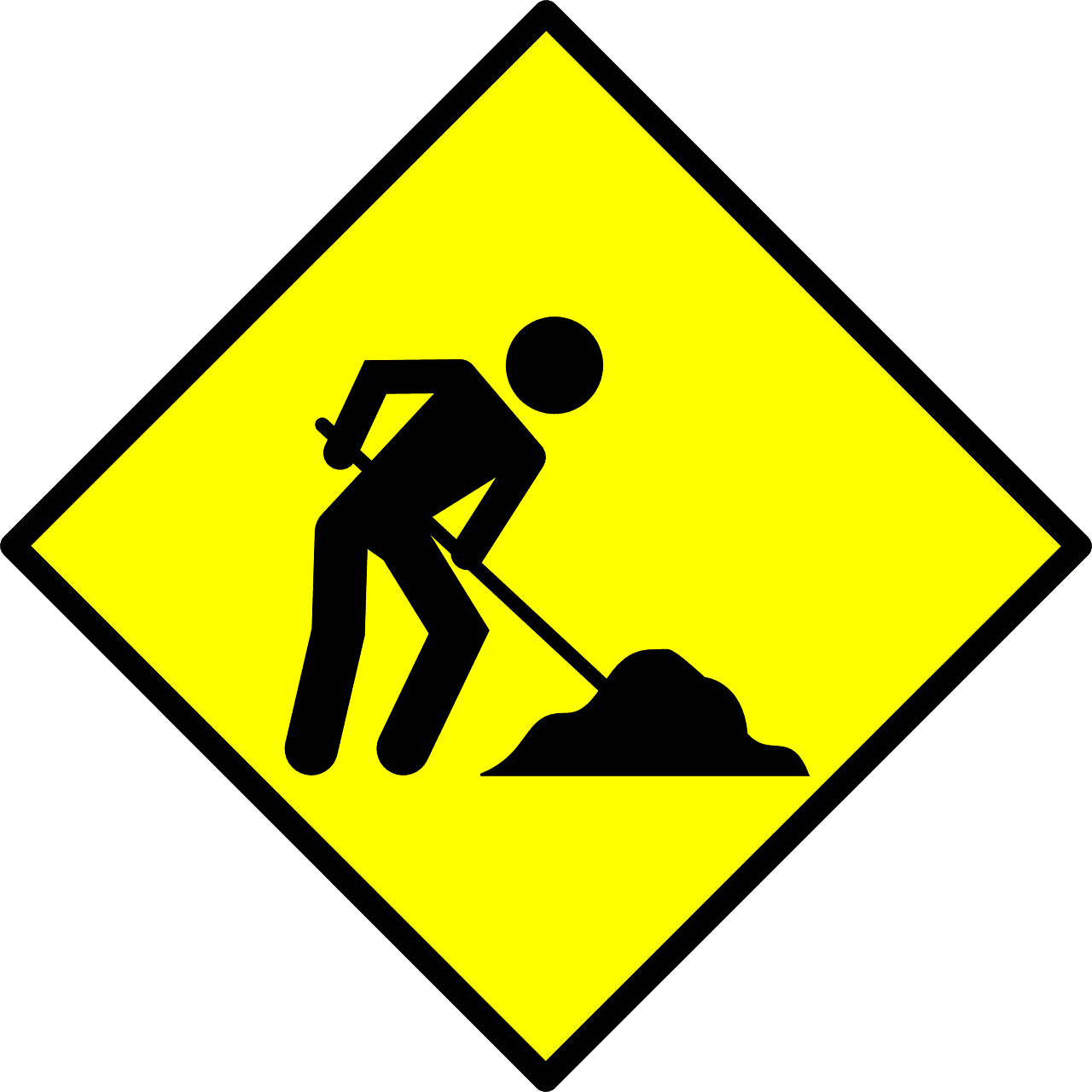 Yellow sign with a stick figure digging a pile of dirt.